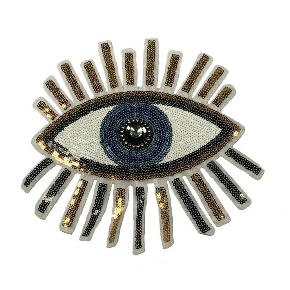 Large Sequins Evil Eye With 3D Center Jewel Iron On Black Blue Gold - Picture 3 of 6